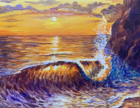 A sunset wave painted in acrylics, curling toward the viewer with golden light shining through it and a glittering path of sunlight on the sea