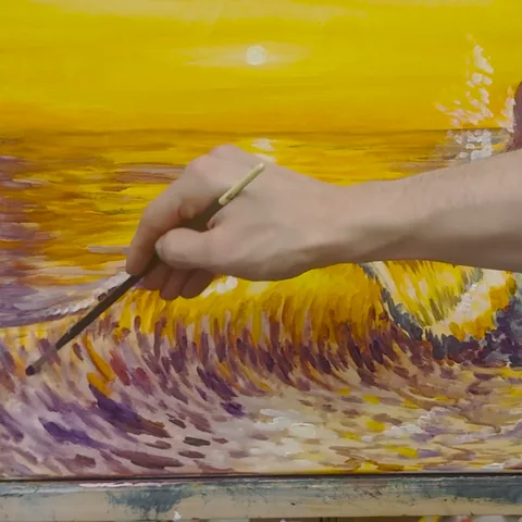 Lesson 3: the wave covered in broken, overlapping dabs of gold, violet and orange that make the water look like it's moving