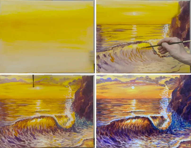 Four stages of the painting, taken from the class videos: a glowing yellow sunset wash, the sun and the first light on the wave, the clouds going in, and the finished liquid gold wave